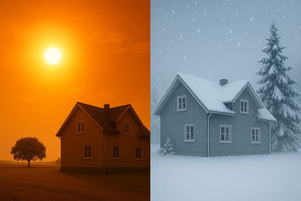 断熱塗装の効果比較｜猛暑と大雪の中にある住宅の対比イメージ