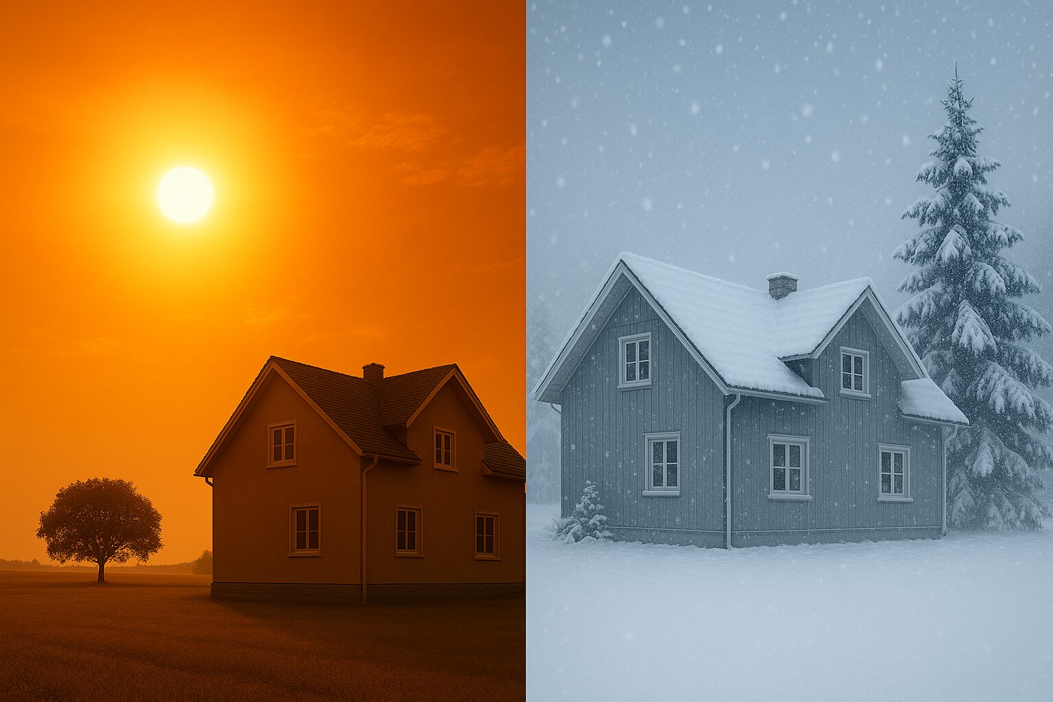 断熱塗装の効果比較｜猛暑と大雪の中にある住宅の対比イメージ