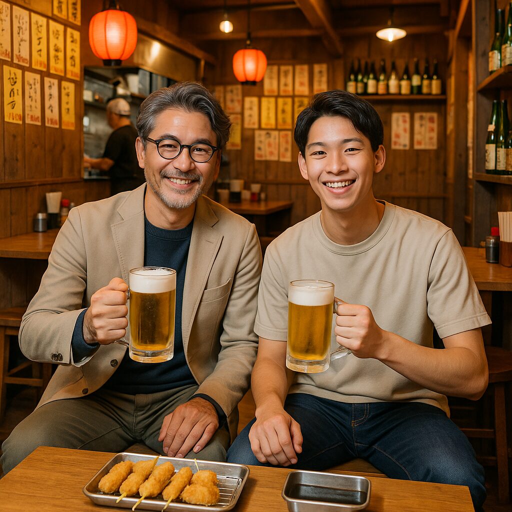 串カツ屋で記念撮影をする施主と作業員、笑顔で乾杯する様子
