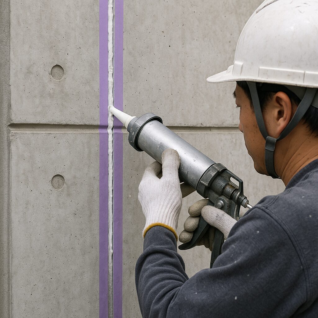 RC造の外壁目地にシーリング材を打設している作業員の様子。紫のマスキングテープで養生された目地に白いシーリング材を充填中。
