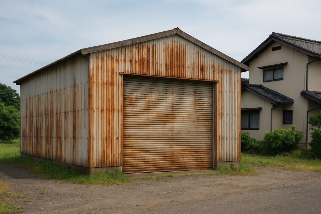 農家にある少し大きめで錆びた倉庫と母屋の写真（外壁塗装前の状態）