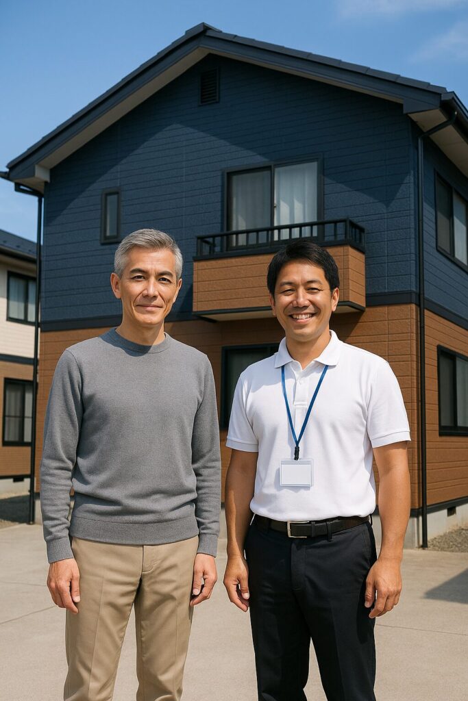 外壁塗装を終えた集合住宅の前で笑顔で並ぶ施主と作業員