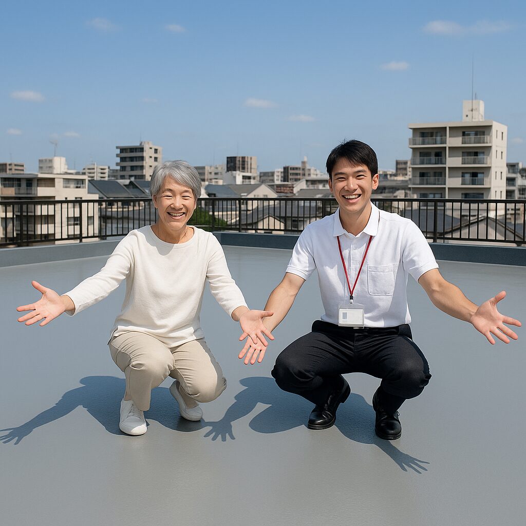 屋上防水工事の完成後に記念撮影をする60代女性の施主と若い男性職人。グレーに仕上がった屋上と青空が背景。