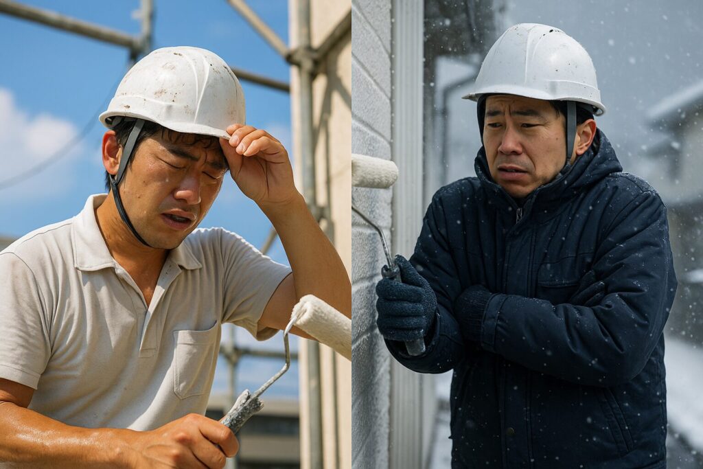 真夏と真冬に外壁塗装を行う職人の比較写真。暑さに汗をかく様子と寒さに震える様子を対比。