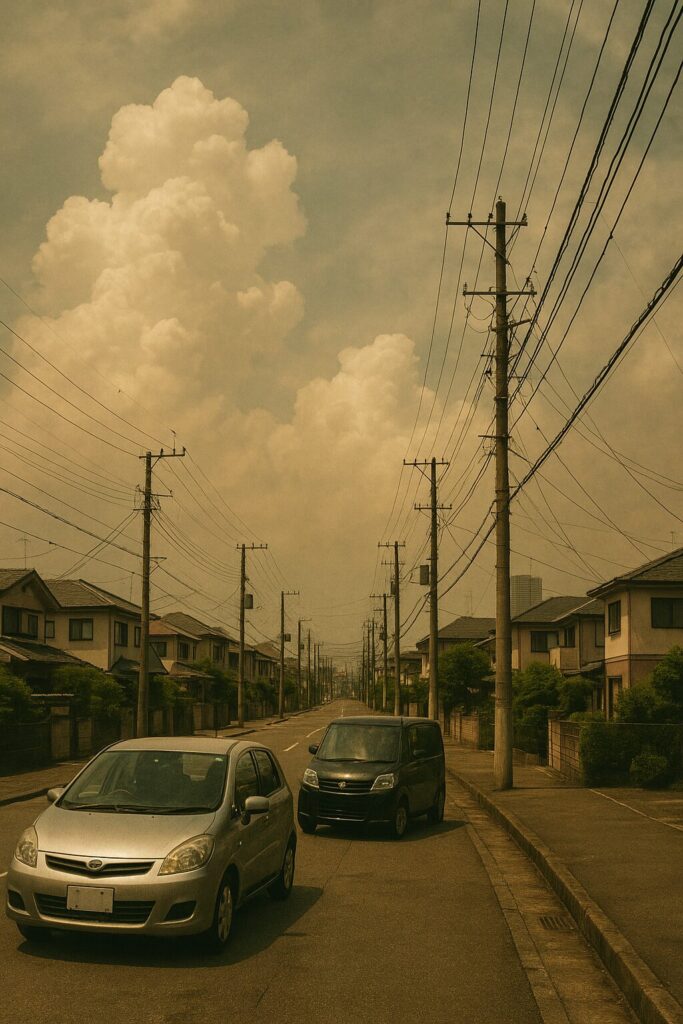 夏の住宅街と入道雲、道路に停車する車
