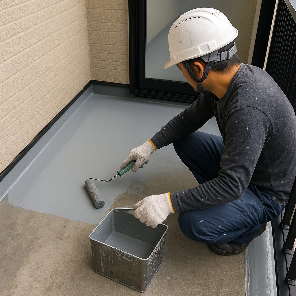 ベランダの床に防水塗装を施工している作業員の様子
