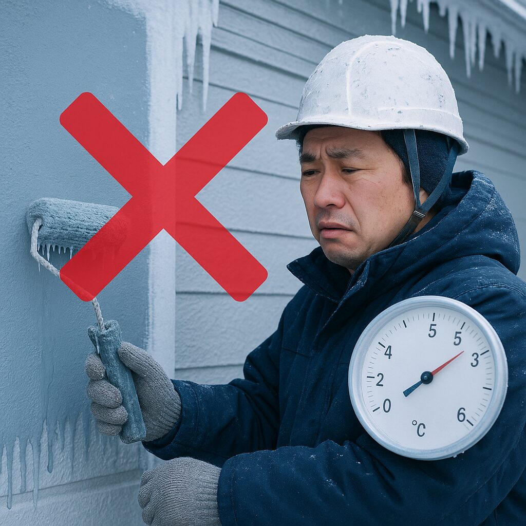 気温が低いため塗装作業がNGとなる様子。温度計が5℃以下を示し、作業員が困惑している表情で赤いバツ印が中央に表示されている。