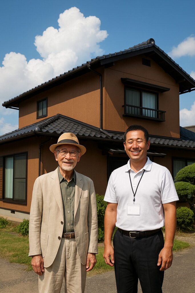外壁塗装を終えた和風住宅の前で記念撮影する施主と作業員