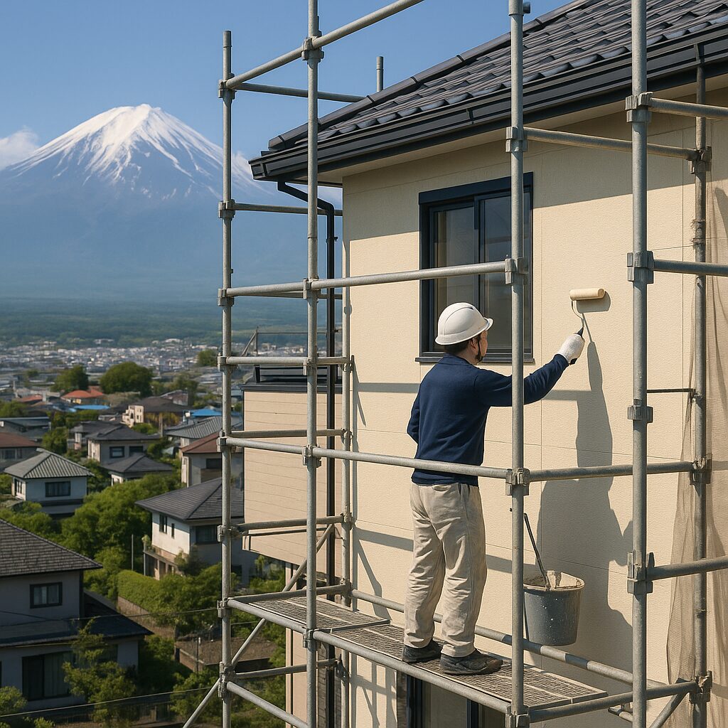 富士市で外壁塗装中の住宅と足場に立つ職人の様子（背景に富士山）