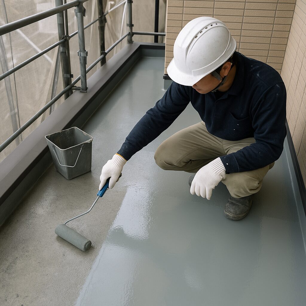 マンションのベランダで防水塗装を行う職人の様子｜富士市の外壁塗装・ベランダ防水工事