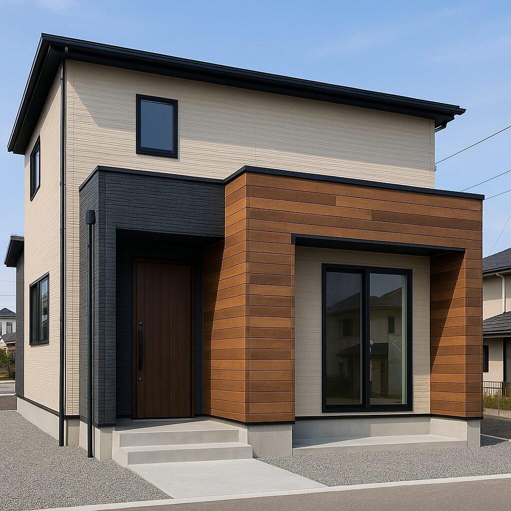 モダンな外観の戸建住宅（ベージュ系の外壁と黒い屋根）