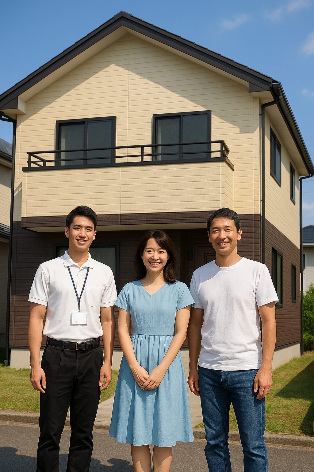 外壁塗装を終えた戸建住宅の前で記念撮影をする施主夫婦と作業員