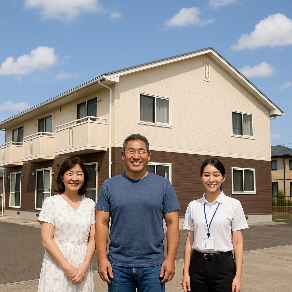 塗装工事を終えた集合住宅の前で記念撮影する施主夫婦と女性作業員