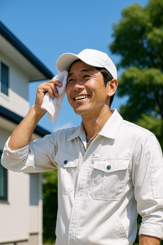 夏の日差しの中、汗を拭う笑顔の日本人塗装職人