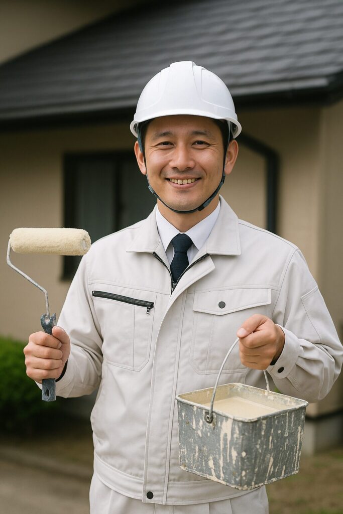 理想的な日本人塗装職人が笑顔で塗料バケツとローラーを持っている様子