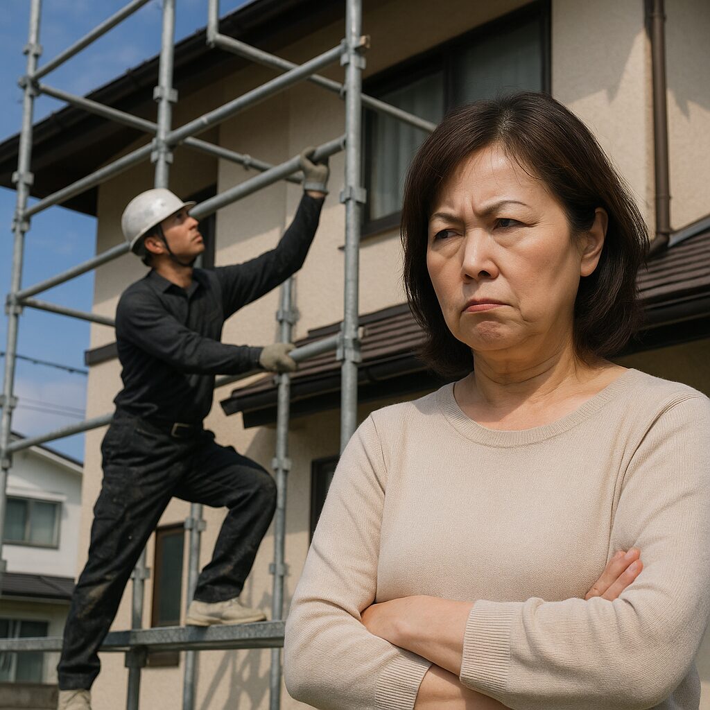 足場を組む作業員をにらむ女性の姿（外壁塗装中の近隣トラブルのイメージ）