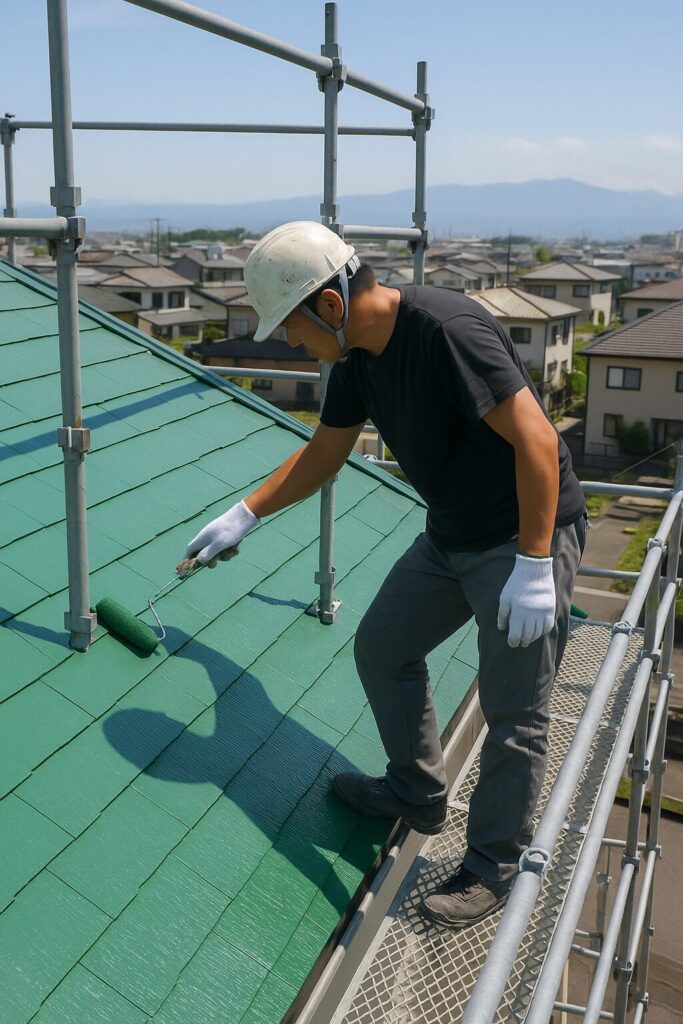 足場の上で緑色のカラーベスト屋根を塗装している職人の様子（屋根塗装工事）
