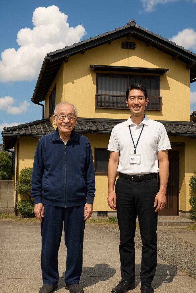 「塗装を終えた自宅前で笑顔の施主と作業員が記念撮影している様子」