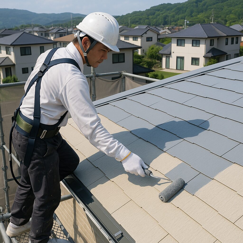 屋根塗装中の職人がローラーで塗装をしている様子（三島市の住宅地）