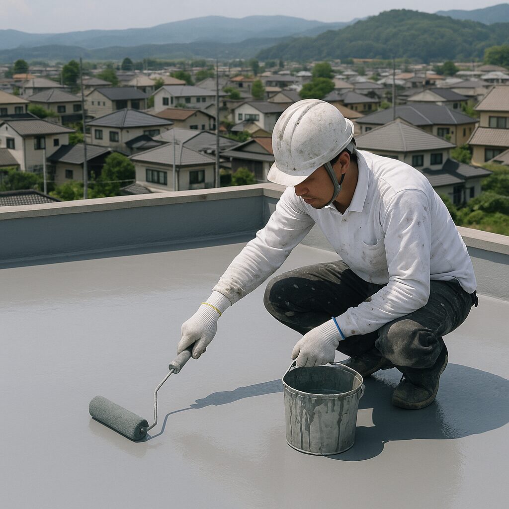 屋上防水工事を行う職人の施工風景（裾野市・外壁塗装）