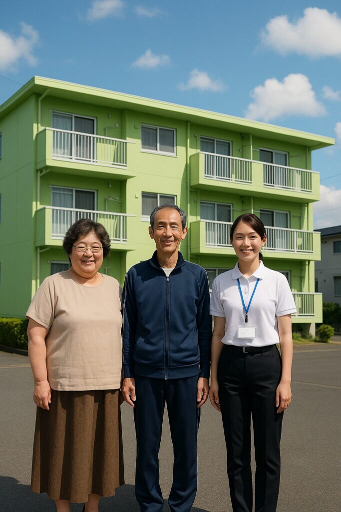 60代夫婦と女性作業員がライムグリーンの集合住宅前で笑顔の記念撮影をしている様子。