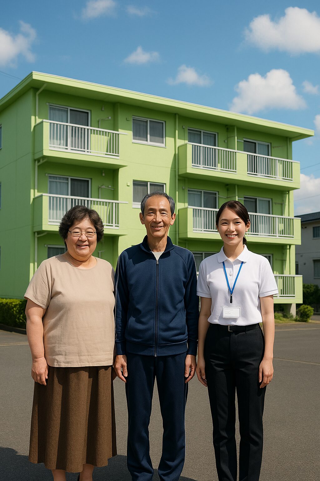 60代夫婦と女性作業員がライムグリーンの集合住宅前で笑顔の記念撮影をしている様子。