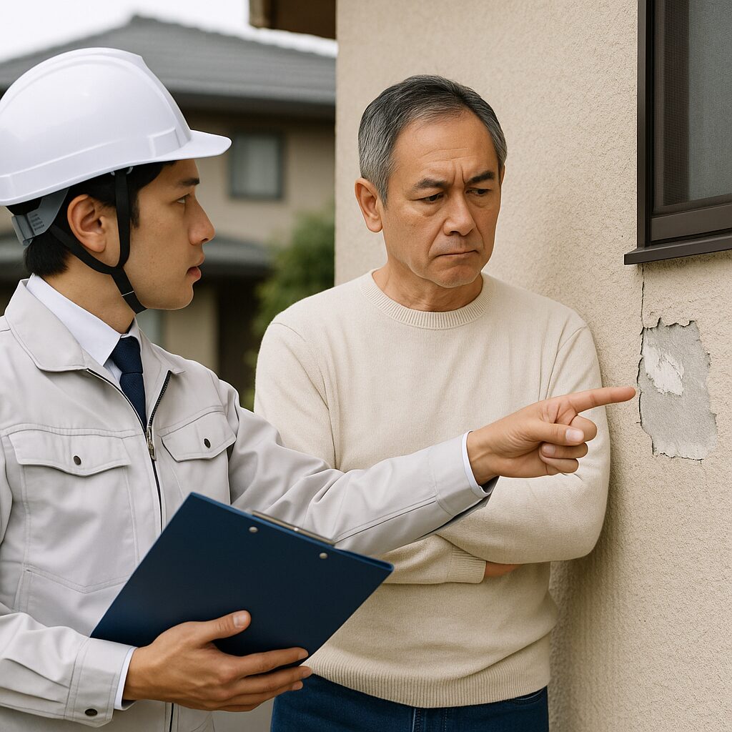 水町で外壁塗装のトラブル箇所を確認する施主と職人