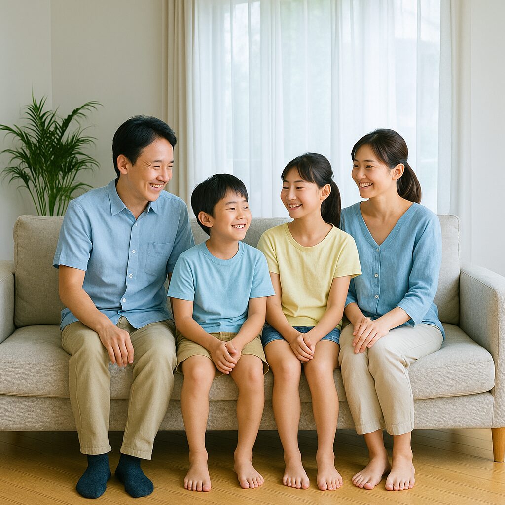 涼しげなリビングで快適に過ごす日本人の家族の様子。外壁遮熱塗装の効果を実感している様子が伝わる一枚。