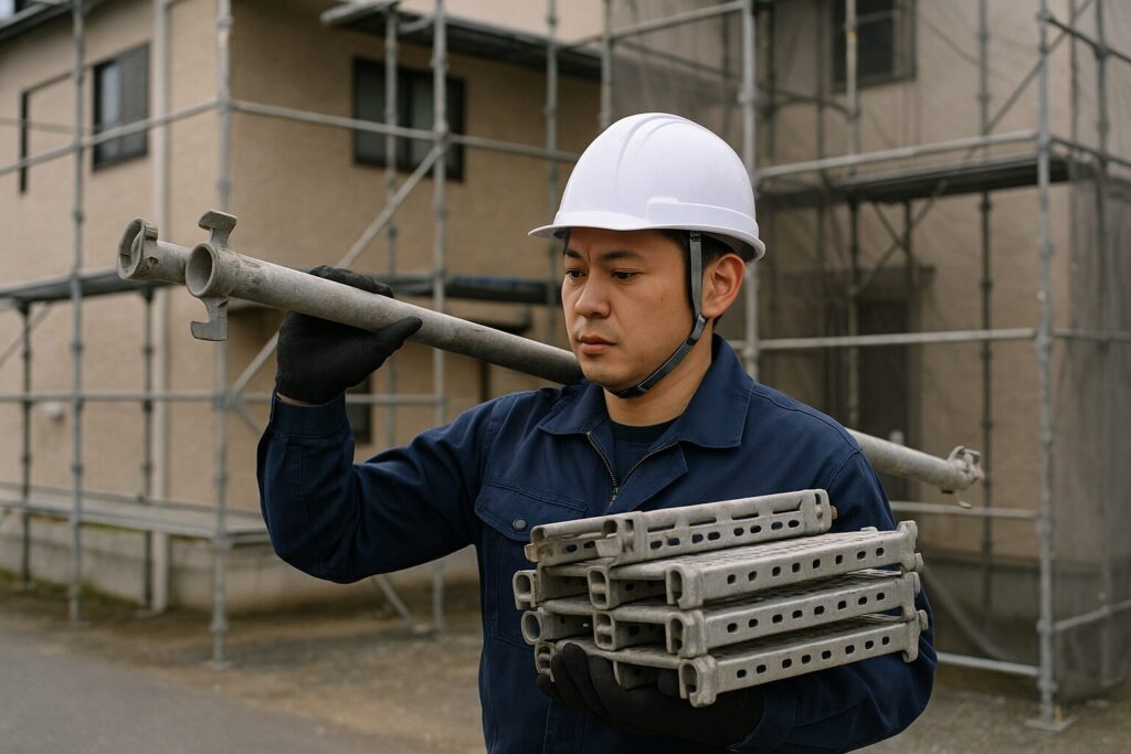 足場を運ぶ日本人職人の様子｜外壁塗装工事現場での作業風景