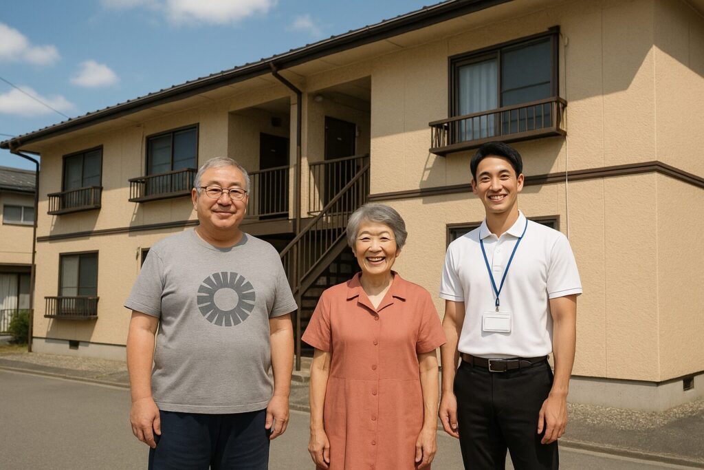 塗装後のアパート前で記念撮影する大家夫妻と作業員の写真