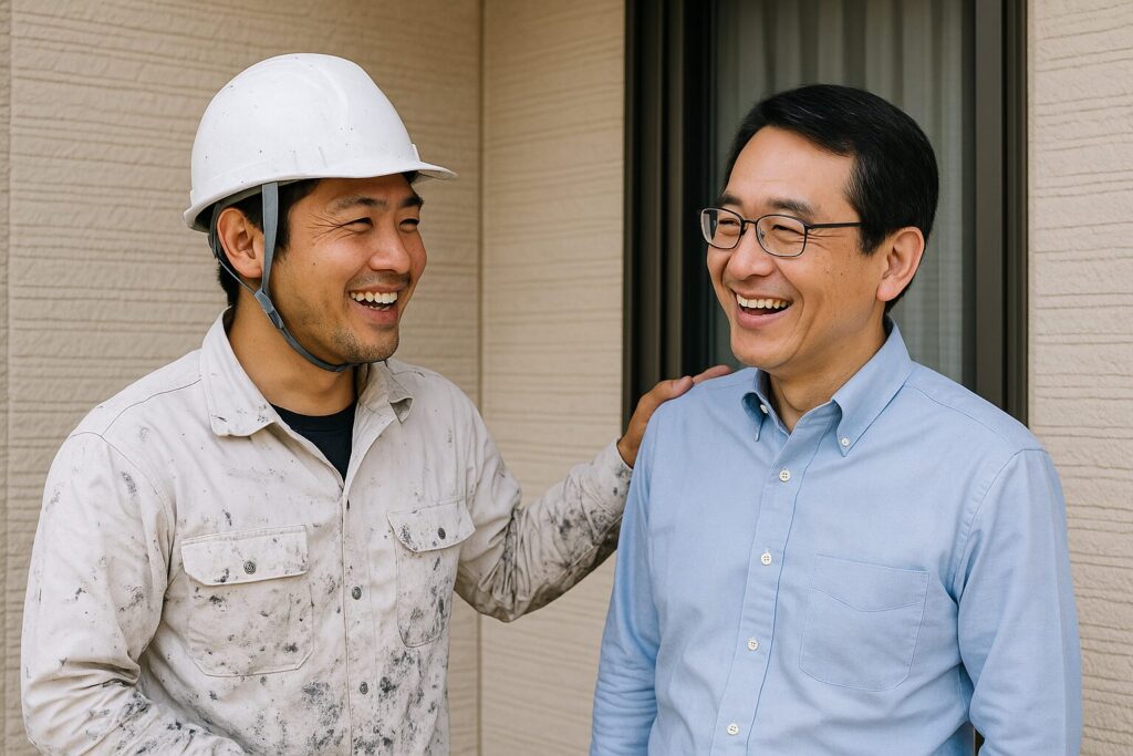 職人と施主が笑顔で会話する様子。信頼関係が伝わる外壁塗装の現場風景。