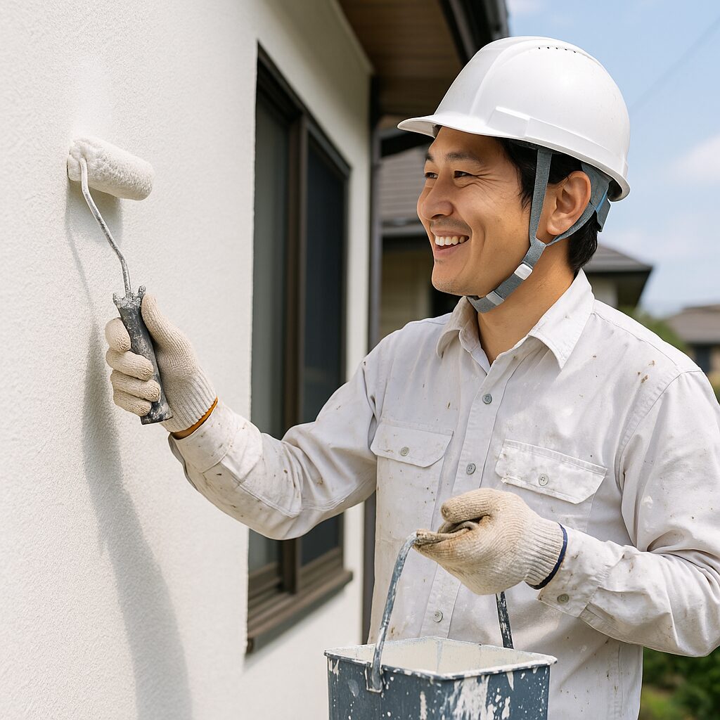 外壁を塗装している日本人の職人の様子