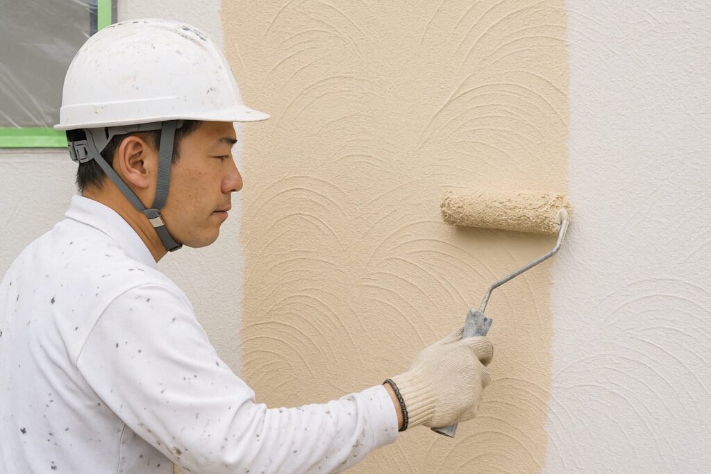 ジョリパット外壁を塗装する日本人職人の作業風景｜ローラーで丁寧に仕上げ中