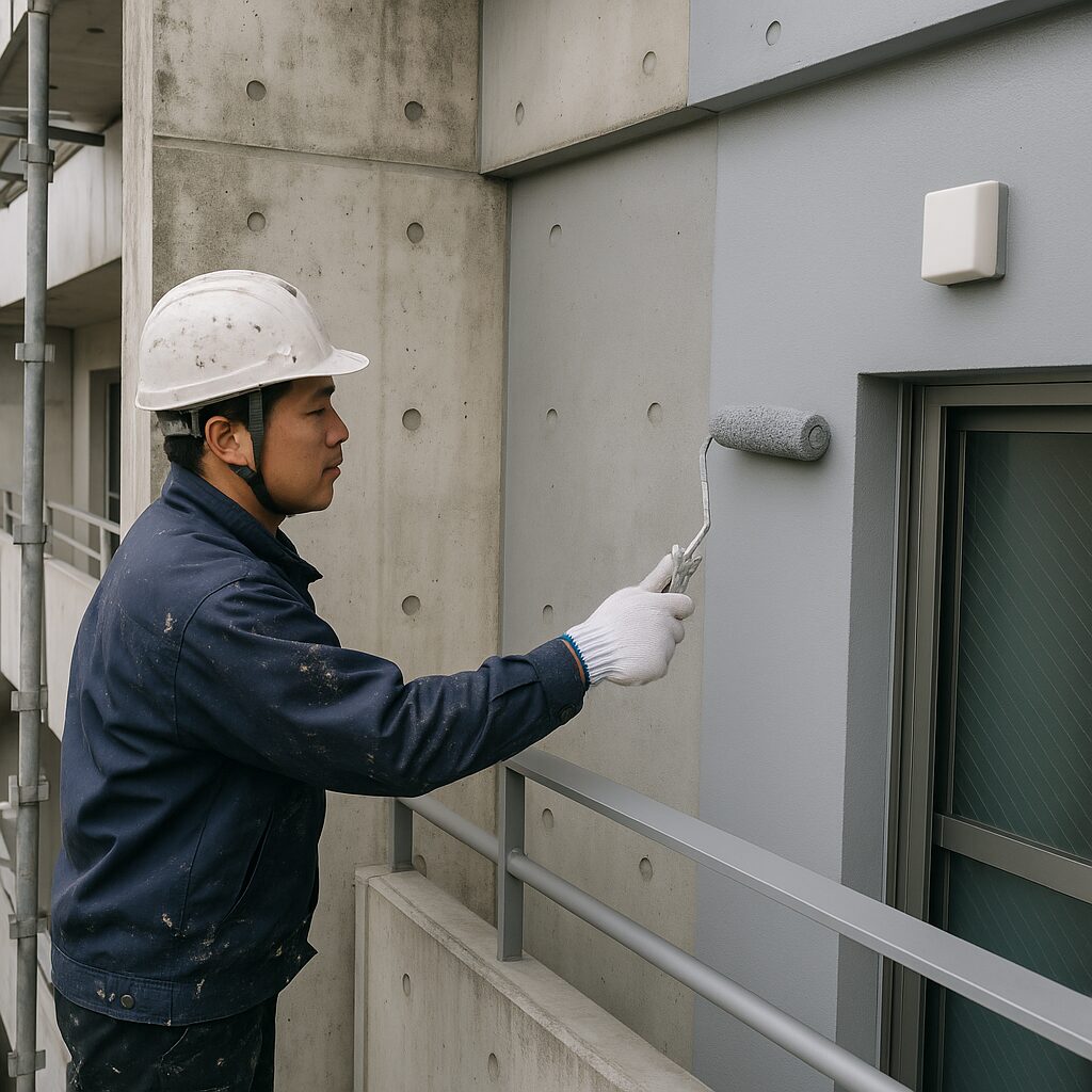 裾野市の住宅でコンクリート打ちっぱなし外壁を塗装する職人の様子