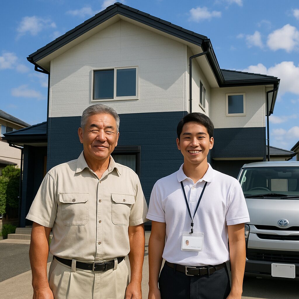 塗装後の住宅前で笑顔の施主と営業担当者が並んでいる記念写真(ハイエースあり)