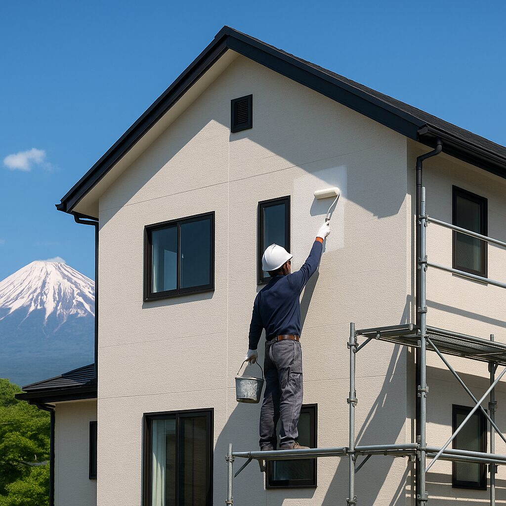 富士宮市で外壁をフッ素塗料で塗装中の住宅と職人の様子