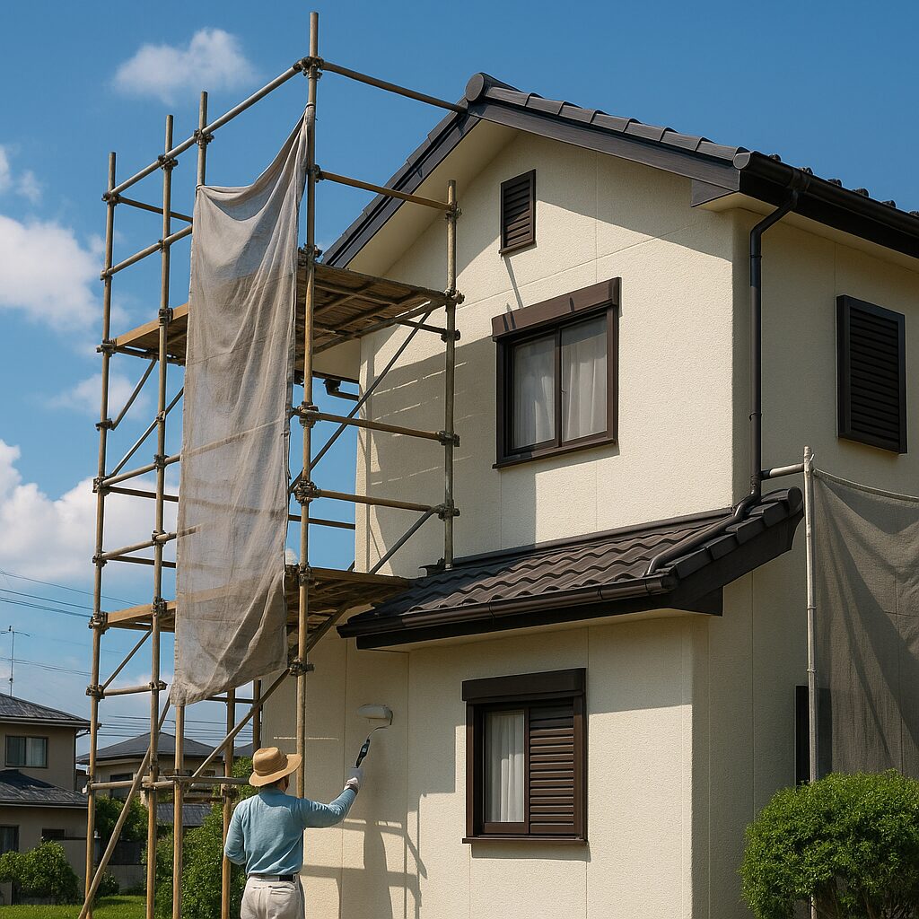 沼津市で夏の高温対策を行いながら外壁塗装を進める様子