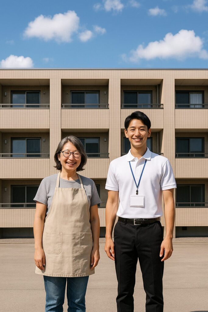 集合住宅の前で笑顔で並ぶ60代の奥様と若い男性作業員。外壁リフォーム完了後の記念撮影。