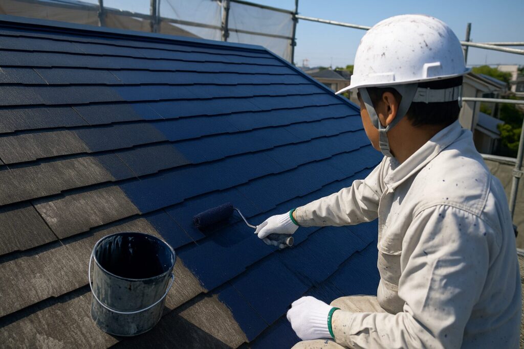 屋根塗装中の職人が高温下で慎重に作業を進めている様子（長泉町）