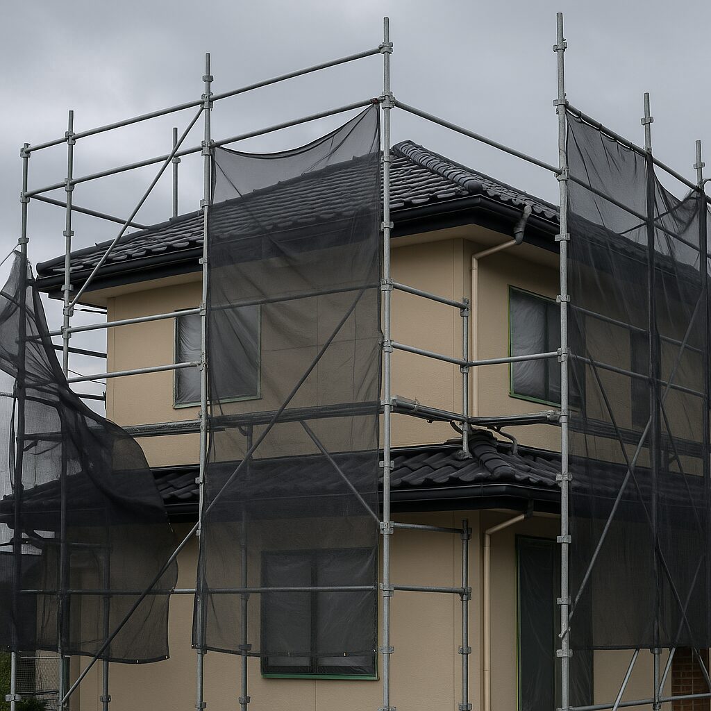 裾野市で足場を組んだ外壁塗装中の住宅。台風対策でメッシュシートがしっかり設置されている様子。