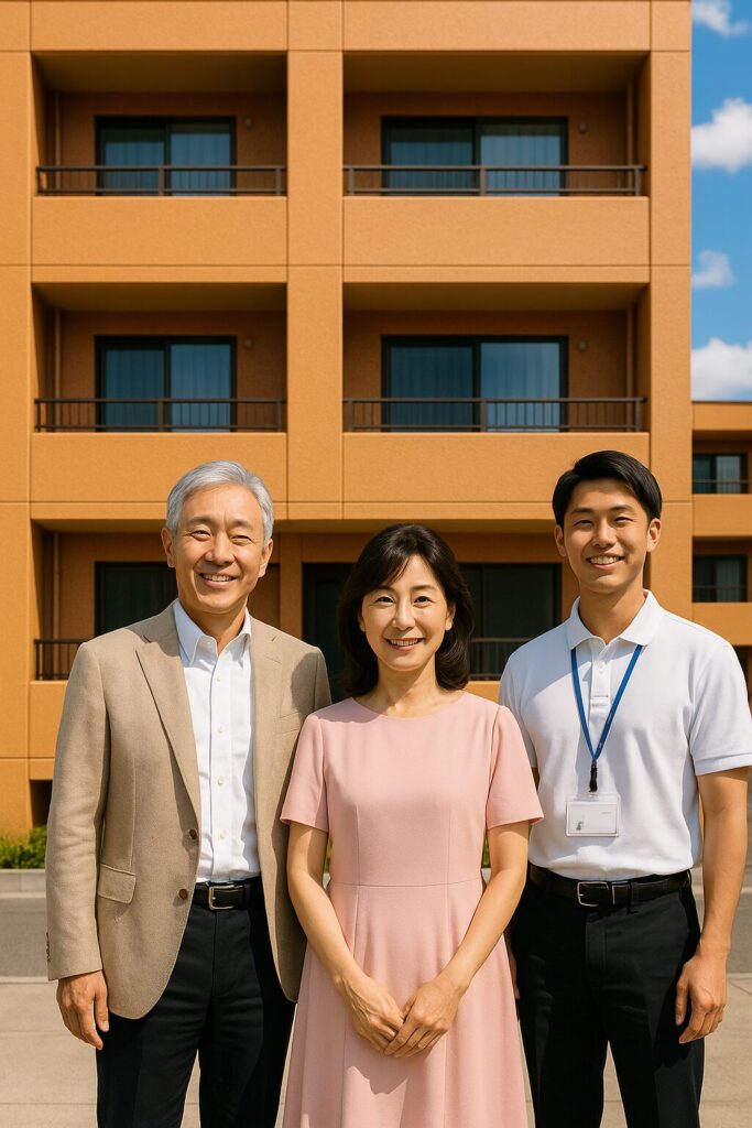 富士宮市で外壁塗装を終えたアパート前で記念撮影する60代夫婦と職人