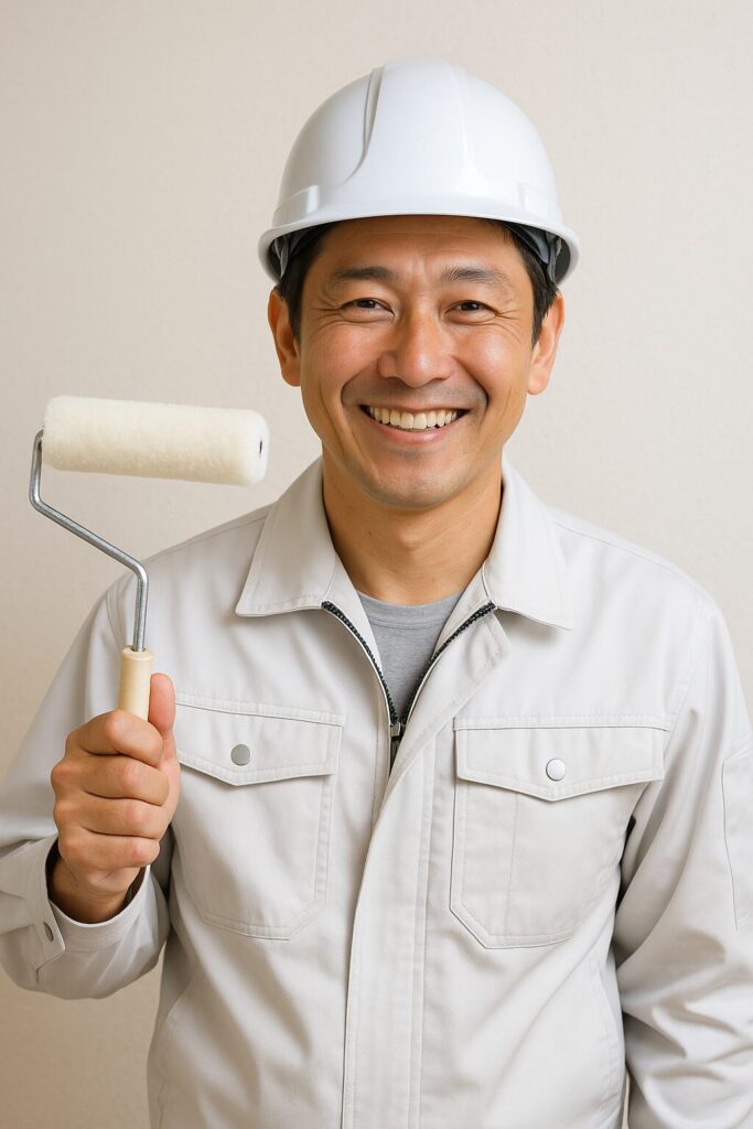 外壁塗装の職人がローラーを持って笑顔でポーズをとる様子（日本人）