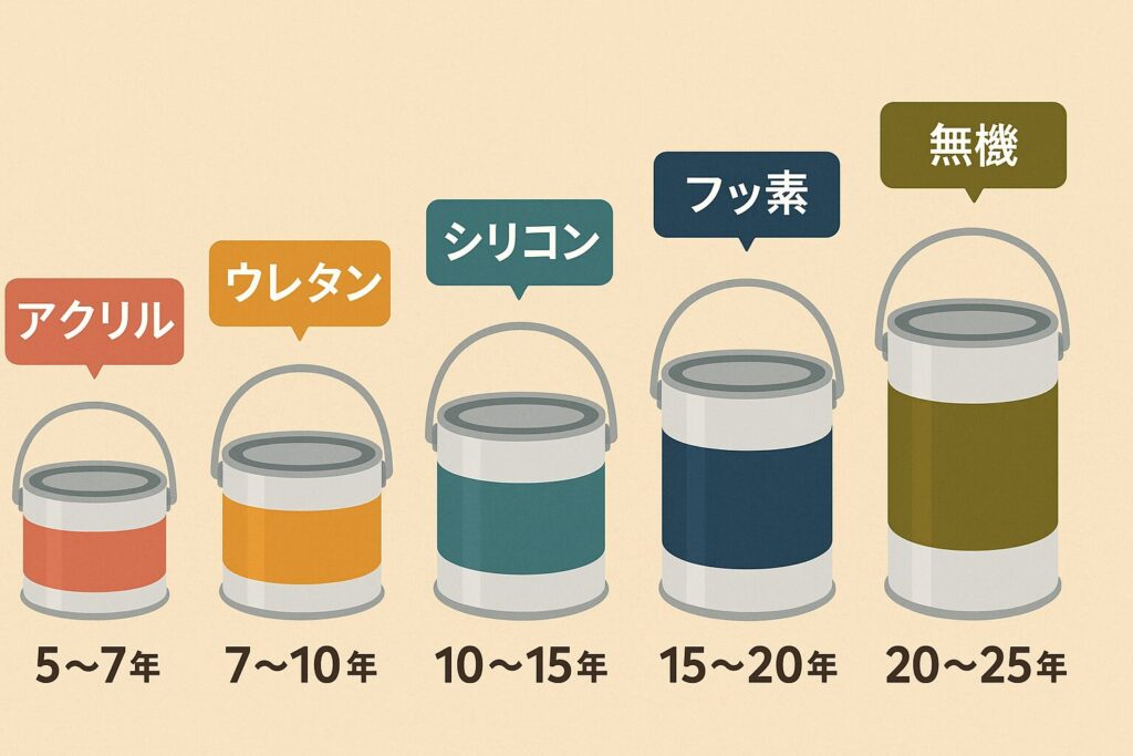 富士宮市の外壁塗装で使用する塗料の種類と耐用年数を比較したイラスト