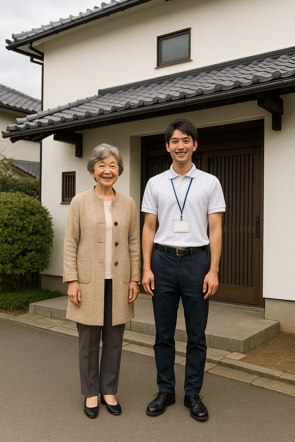 外壁塗装完了後、施主の高齢女性と担当スタッフが自宅前で笑顔で記念撮影