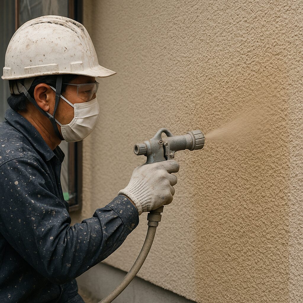 リシン吹き付け塗装をしている作業員の写真。外壁に均一に塗料を吹き付けている様子。