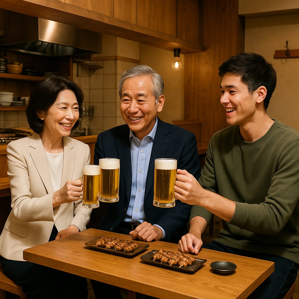 焼き鳥屋で施主夫婦と作業員が楽しそうに乾杯している様子