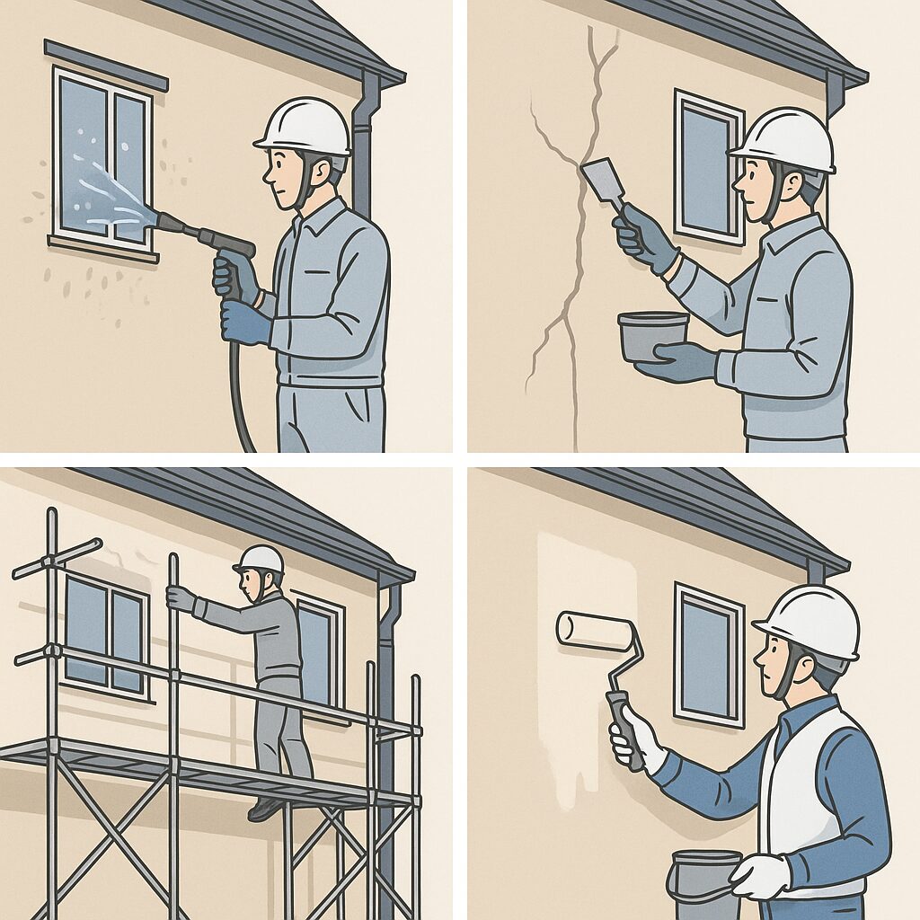 外壁塗装の下地処理工程を説明するイラスト（高圧洗浄・ケレン・補修・下塗り）