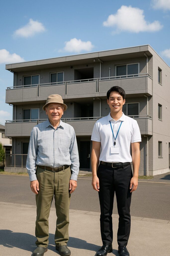 70代の施主と作業員が塗装後のアパート前で記念撮影している写真