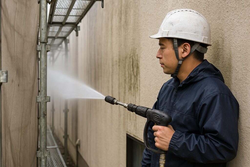 清水町で外壁塗装前に高圧洗浄を行う職人の作業風景