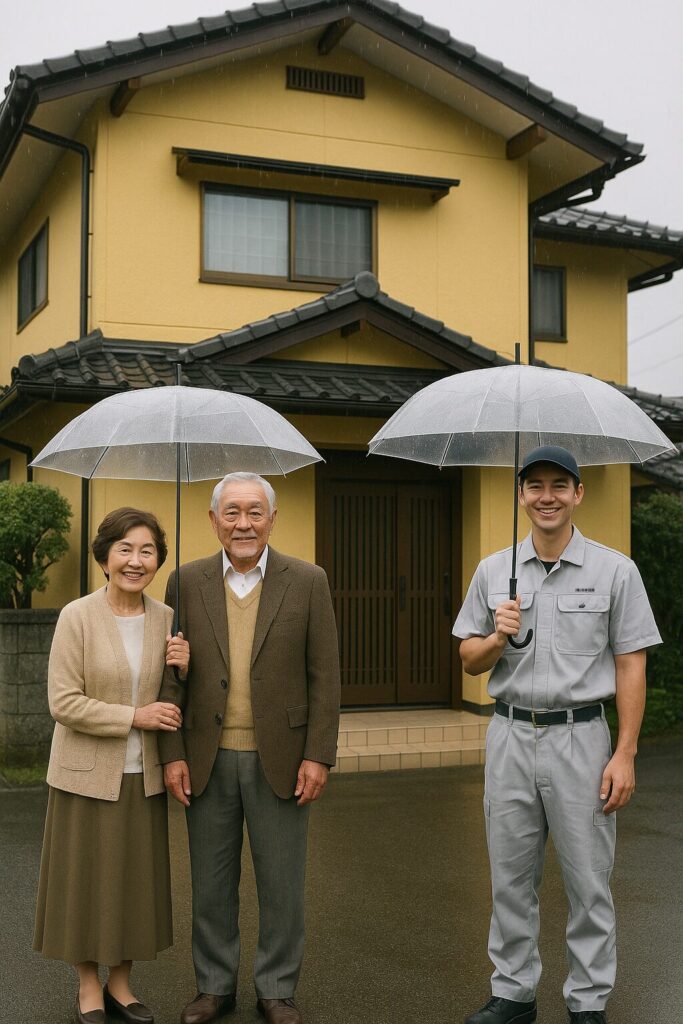 「塗装完了後、笑顔で記念撮影をする施主夫婦と作業員」